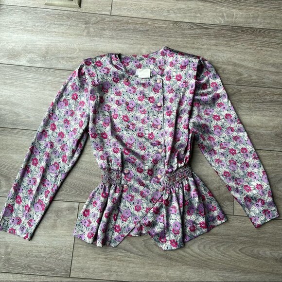Vintage 80s Florentine Floral Print Peplum  Hem Blouse - Picture 4 of 16
